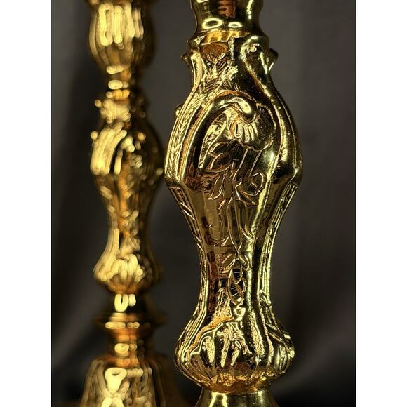 Solid Brass Candlestick Pair 10” Heavy Gold Finish Vintage French Style - Picture 3 of 14